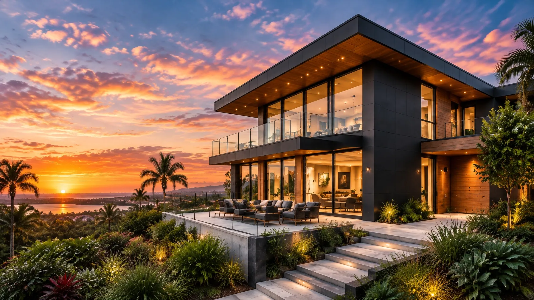 Contemporary home glowing at sunset
