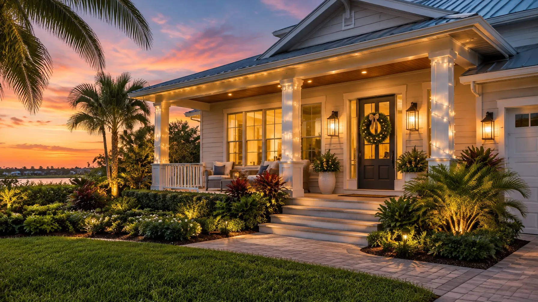 A welcoming home porch decorated for the holidays